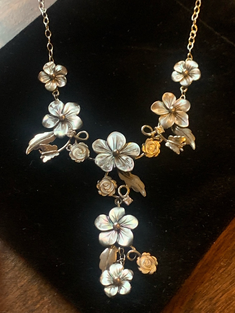 Floral Metal Drop Necklace — Silver Flower Accents